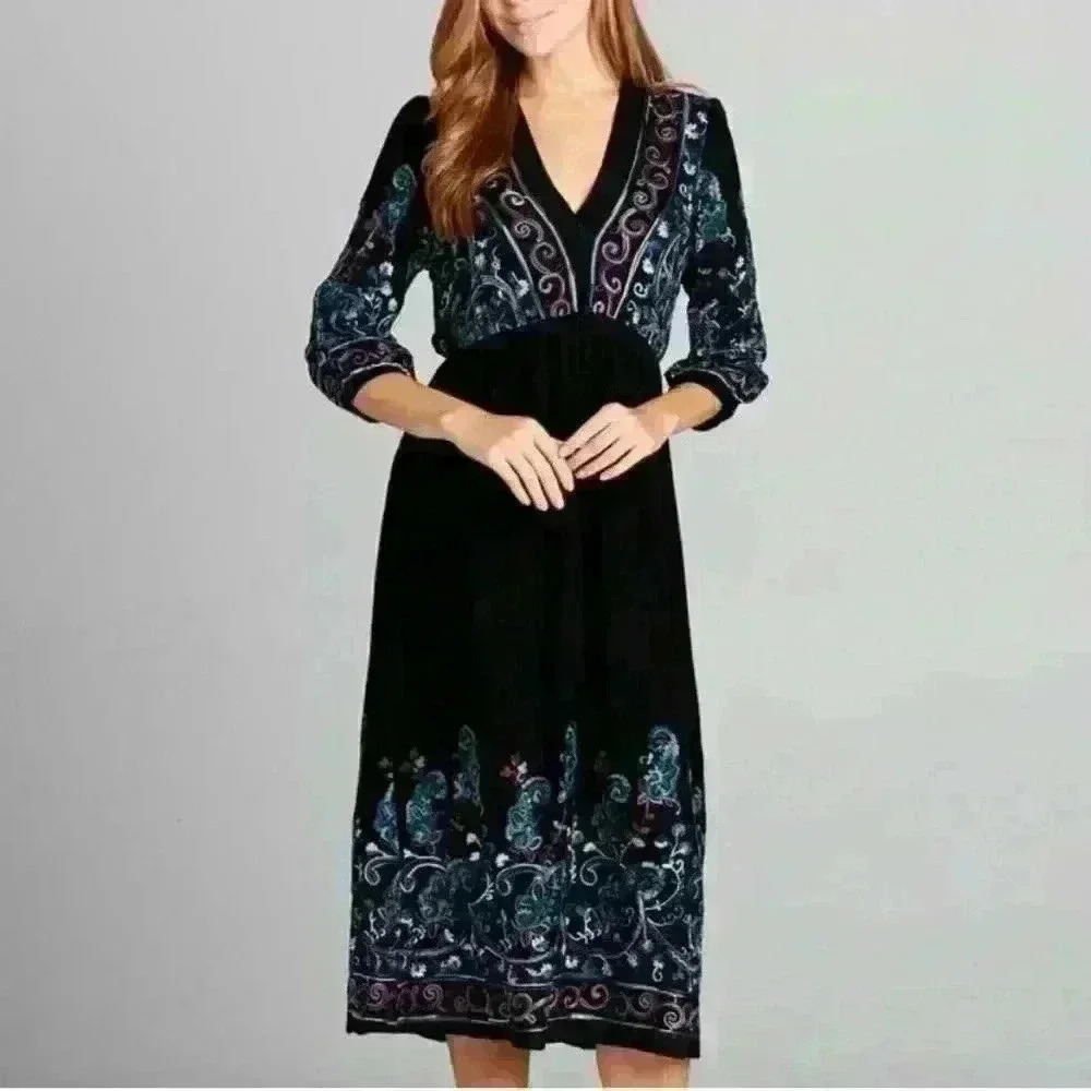 Embroidered ReneeC Black Multicolor Print Boho Maxi Dress Bohemian Peasant Lined